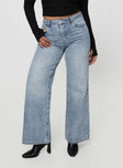 Wide leg jeans mid-wash denim Belt looped waist five pocket design zip and button fastening