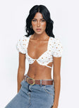 Crop top Floral print Puff sleeve  Wired cups Open back with clasp and tie fastening