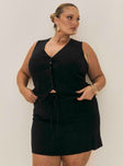 Black Linen vest top V-neckline, button closure, tie detail at back