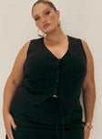 Black Linen vest top V-neckline, button closure, tie detail at back